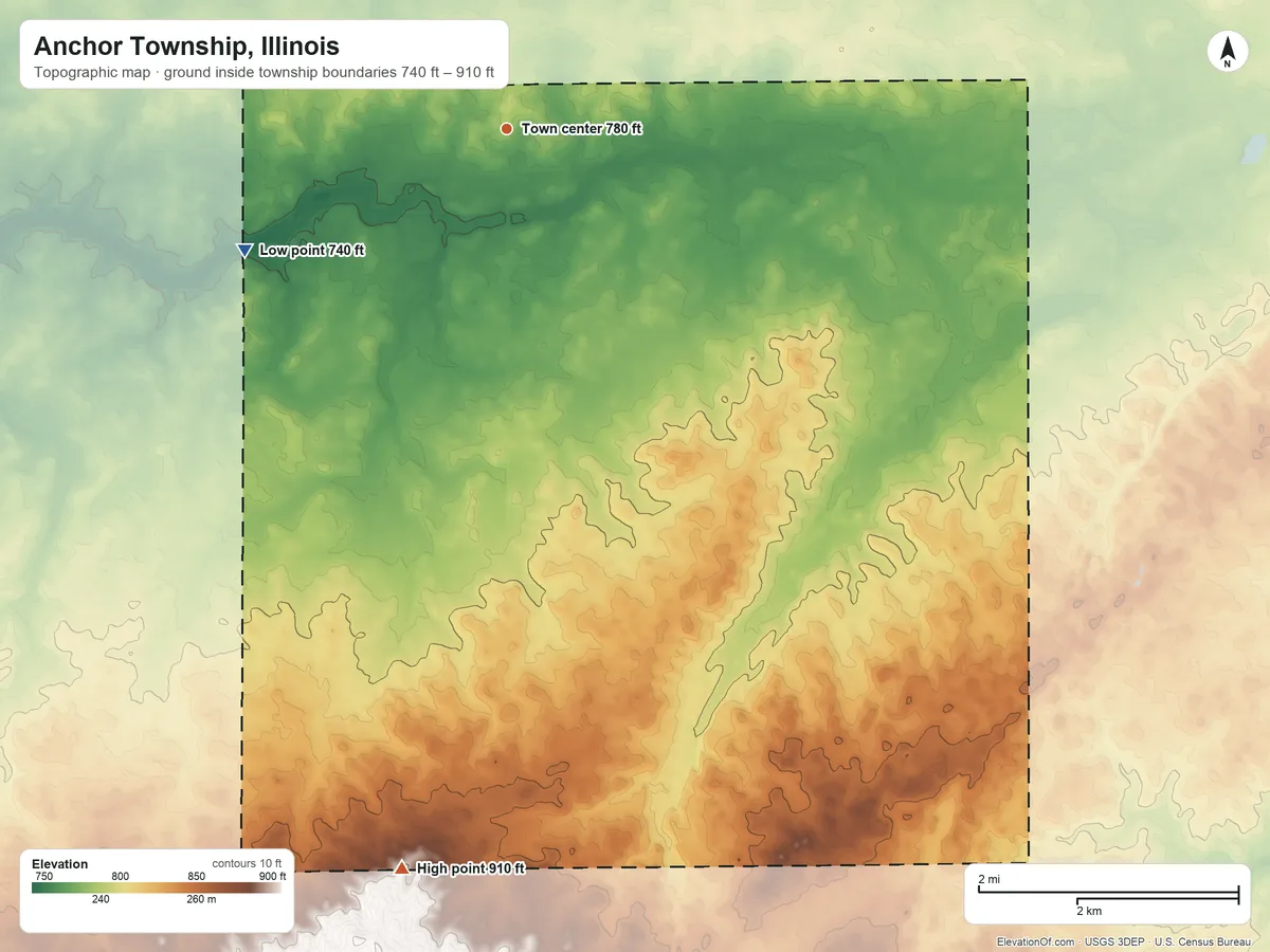 Topographic elevation map of Anchor Township, Illinois, shaded from 740 ft on the southwest side to 910 ft on the south side