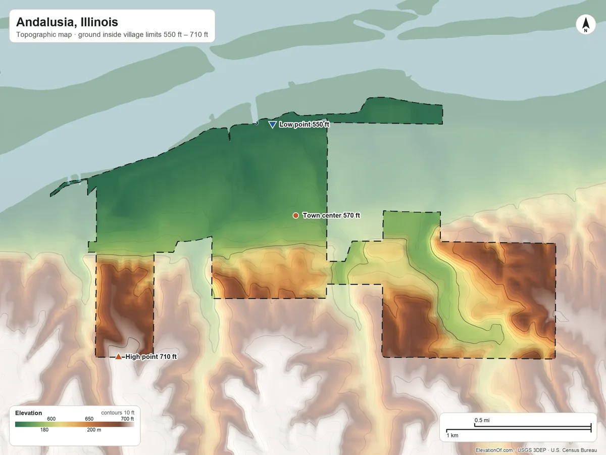 Topographic elevation map of Andalusia, Illinois, shaded from 550 ft on the north side to 710 ft on the southwest side