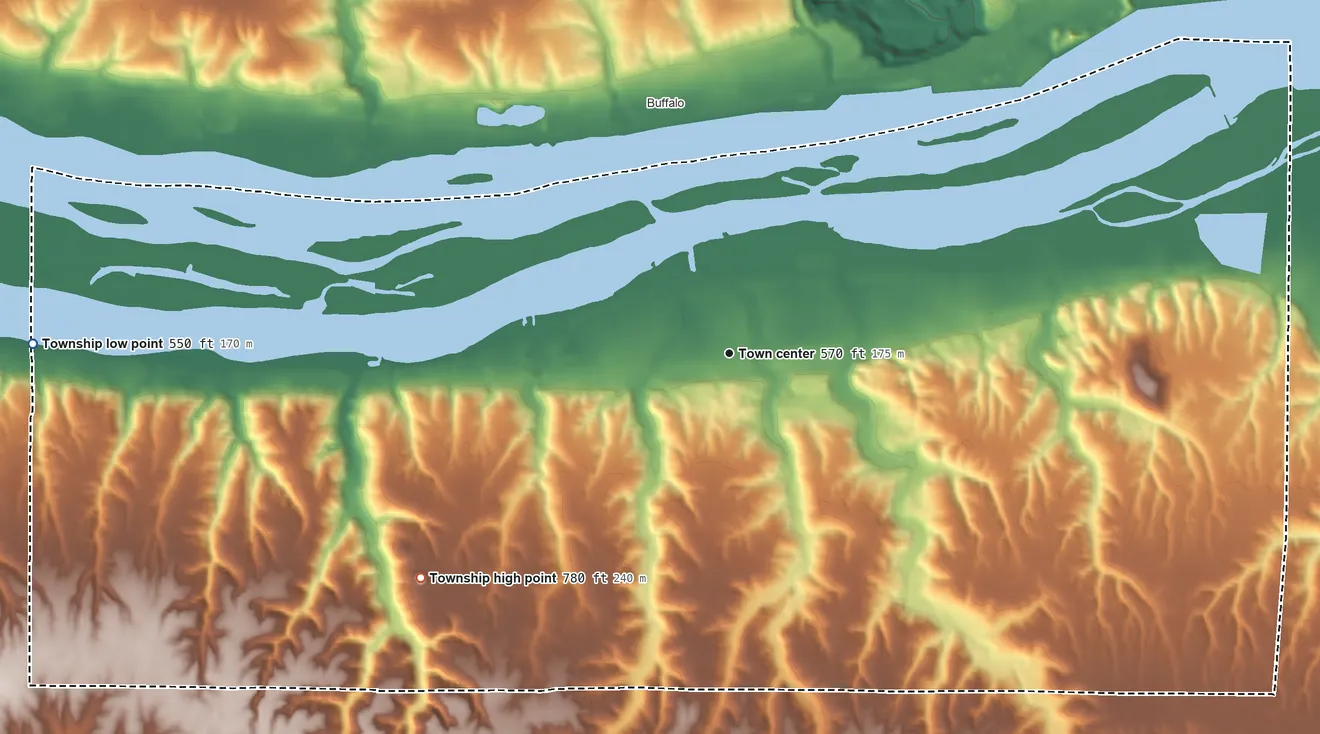 Topographic elevation map of Andalusia Township, Illinois, shaded from 550 ft on the west side to 780 ft on the southwest side