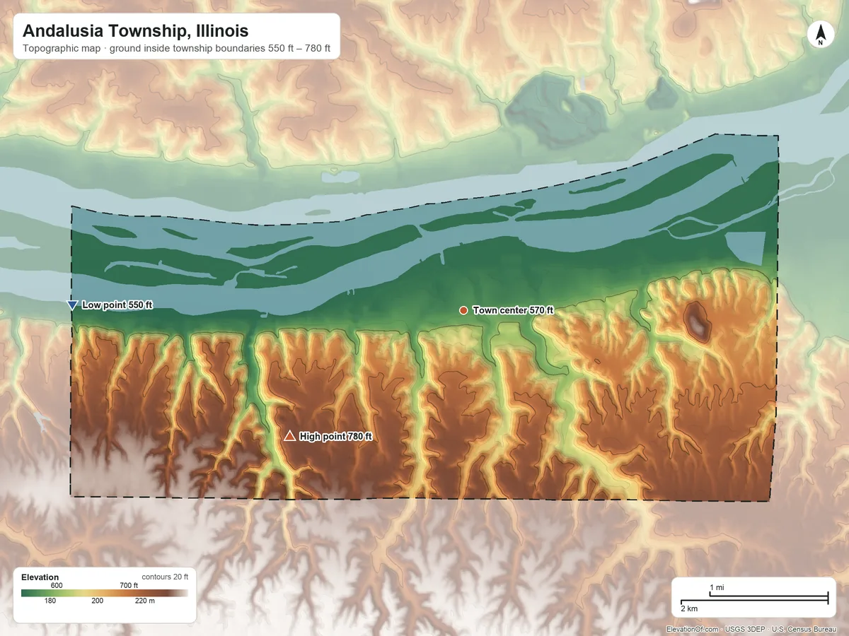 Topographic elevation map of Andalusia Township, Illinois, shaded from 550 ft on the west side to 780 ft on the southwest side