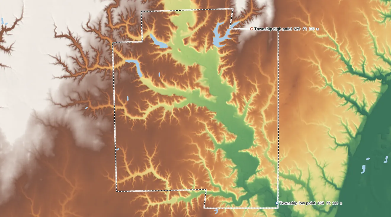 Topographic elevation map of Anderson Township, Illinois, shaded from 460 ft on the southeast side to 620 ft on the northeast side
