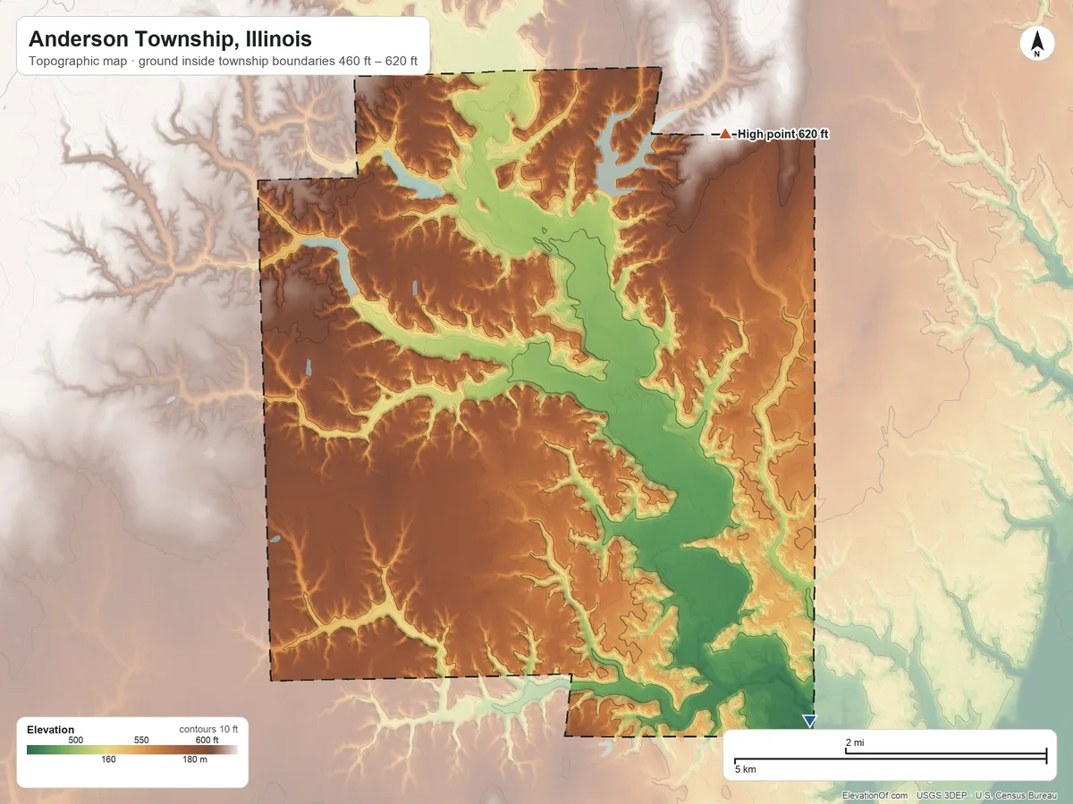 Topographic elevation map of Anderson Township, Illinois, shaded from 460 ft on the southeast side to 620 ft on the northeast side