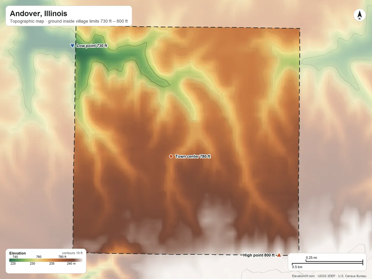 Topographic elevation map of Andover, Illinois, shaded from 730 ft on the northwest side to 800 ft on the southeast side