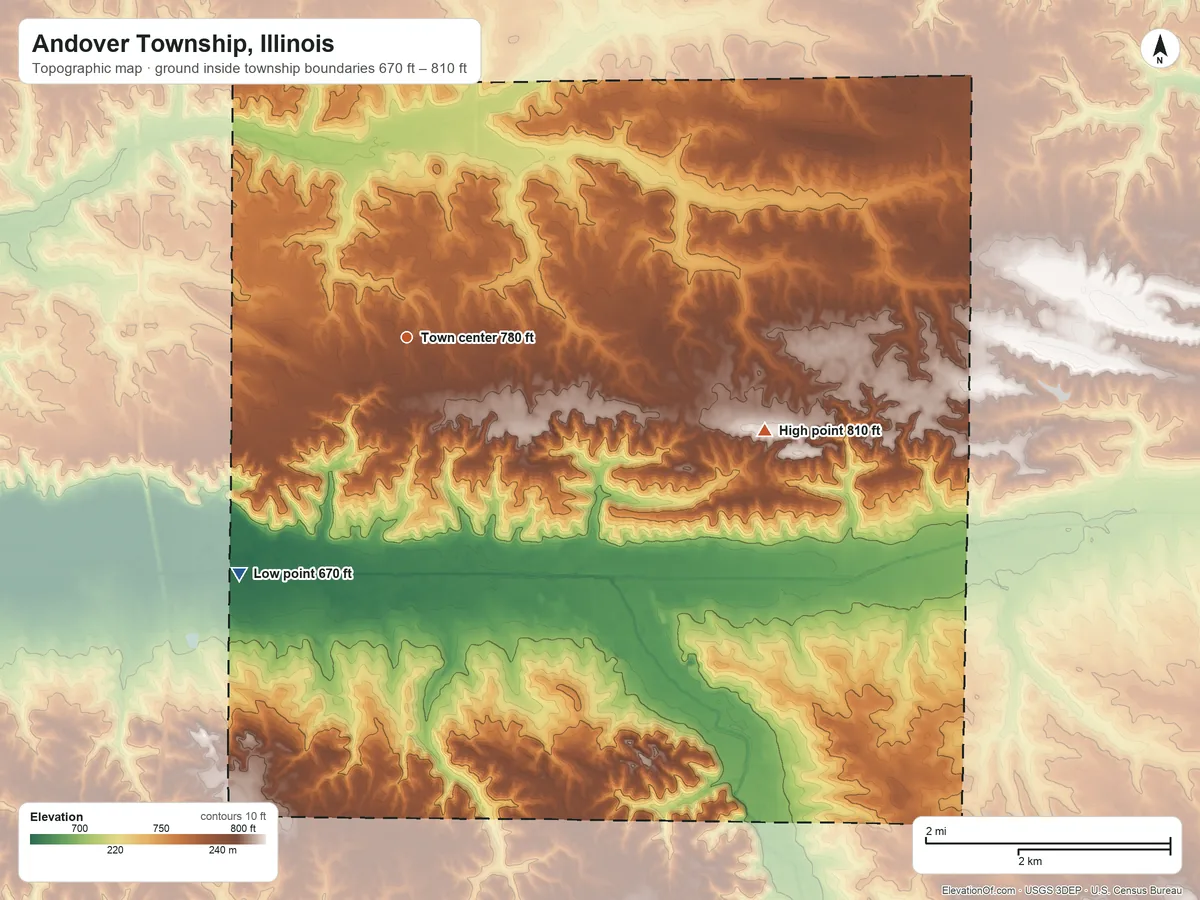 Topographic elevation map of Andover Township, Illinois, shaded from 670 ft on the southwest side to 810 ft on the east side