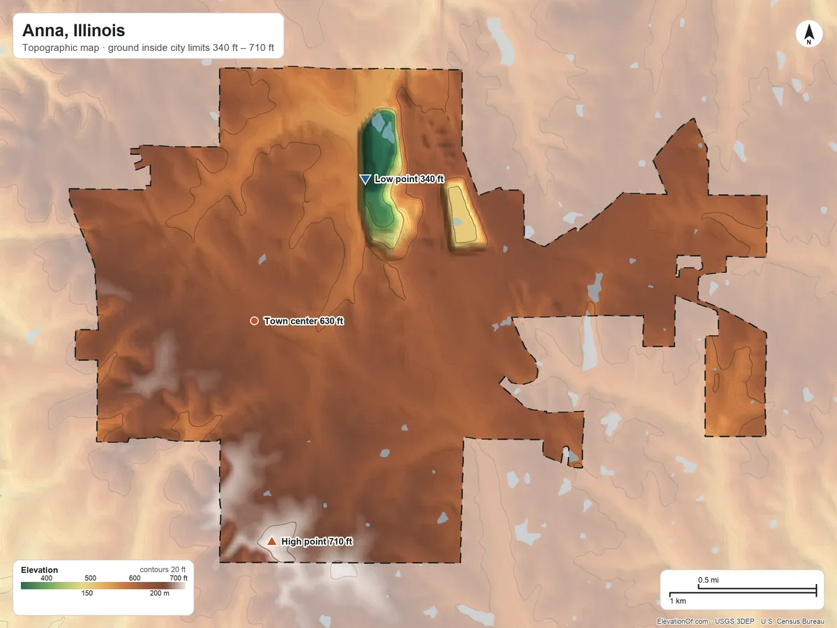 Topographic elevation map of Anna, Illinois, shaded from 340 ft on the northeast side to 710 ft on the south side