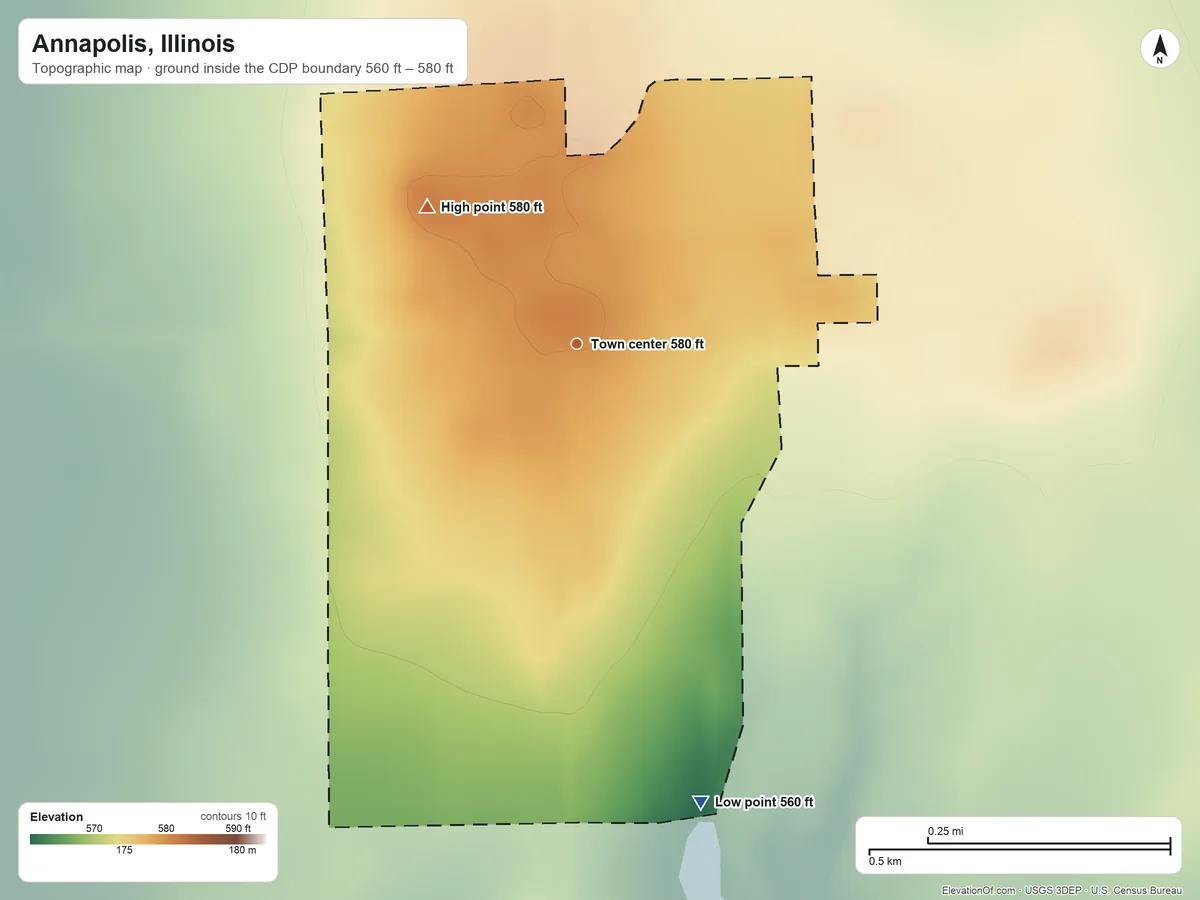 Topographic elevation map of Annapolis, Illinois, shaded from 560 ft on the south side to 580 ft on the northwest side