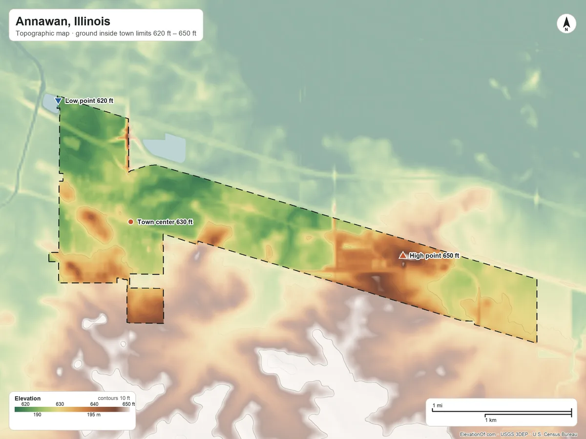 Topographic elevation map of Annawan, Illinois, shaded from 620 ft on the northwest side to 650 ft on the east side
