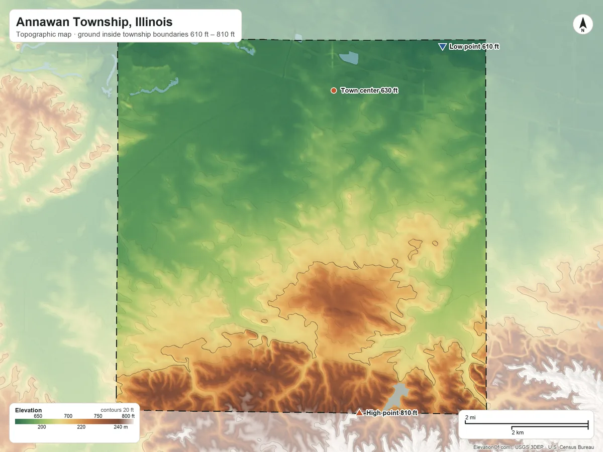 Topographic elevation map of Annawan Township, Illinois, shaded from 610 ft on the east side to 810 ft on the south side