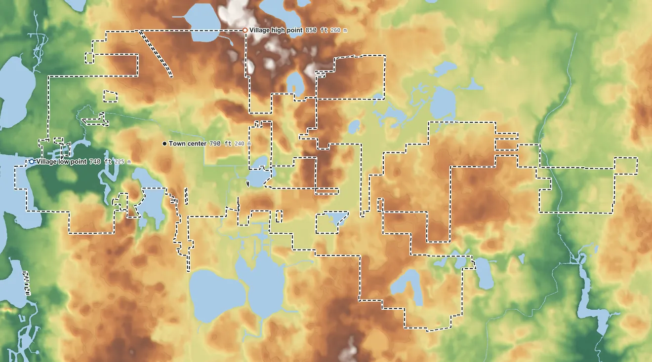 Topographic elevation map of Antioch, Illinois, shaded from 740 ft on the west side to 850 ft on the northeast side