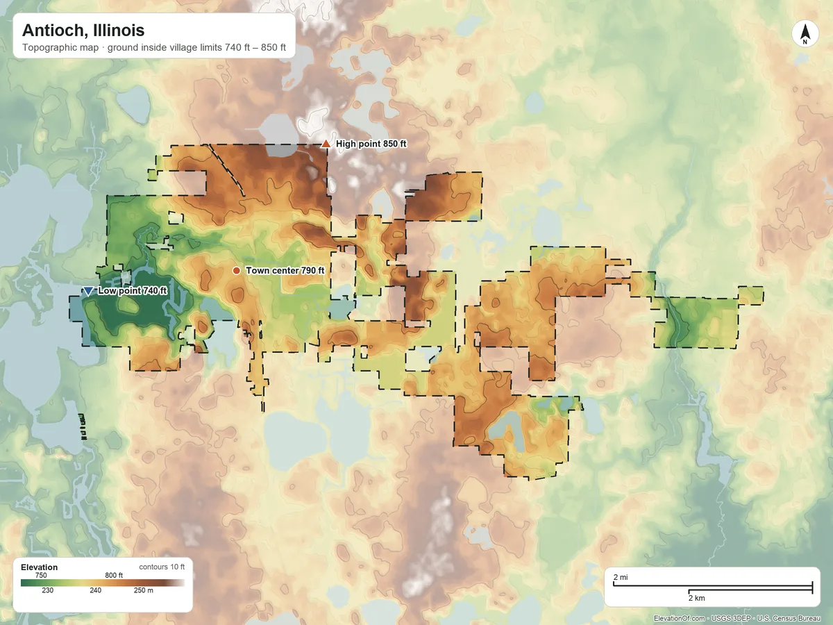 Topographic elevation map of Antioch, Illinois, shaded from 740 ft on the west side to 850 ft on the northeast side