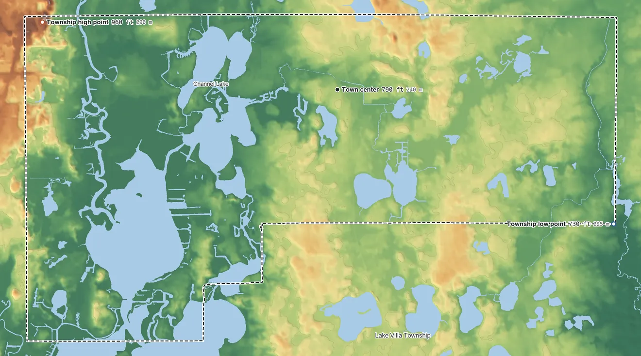Topographic elevation map of Antioch Township, Illinois, shaded from 730 ft on the southeast side to 957 ft on Gander Mountain