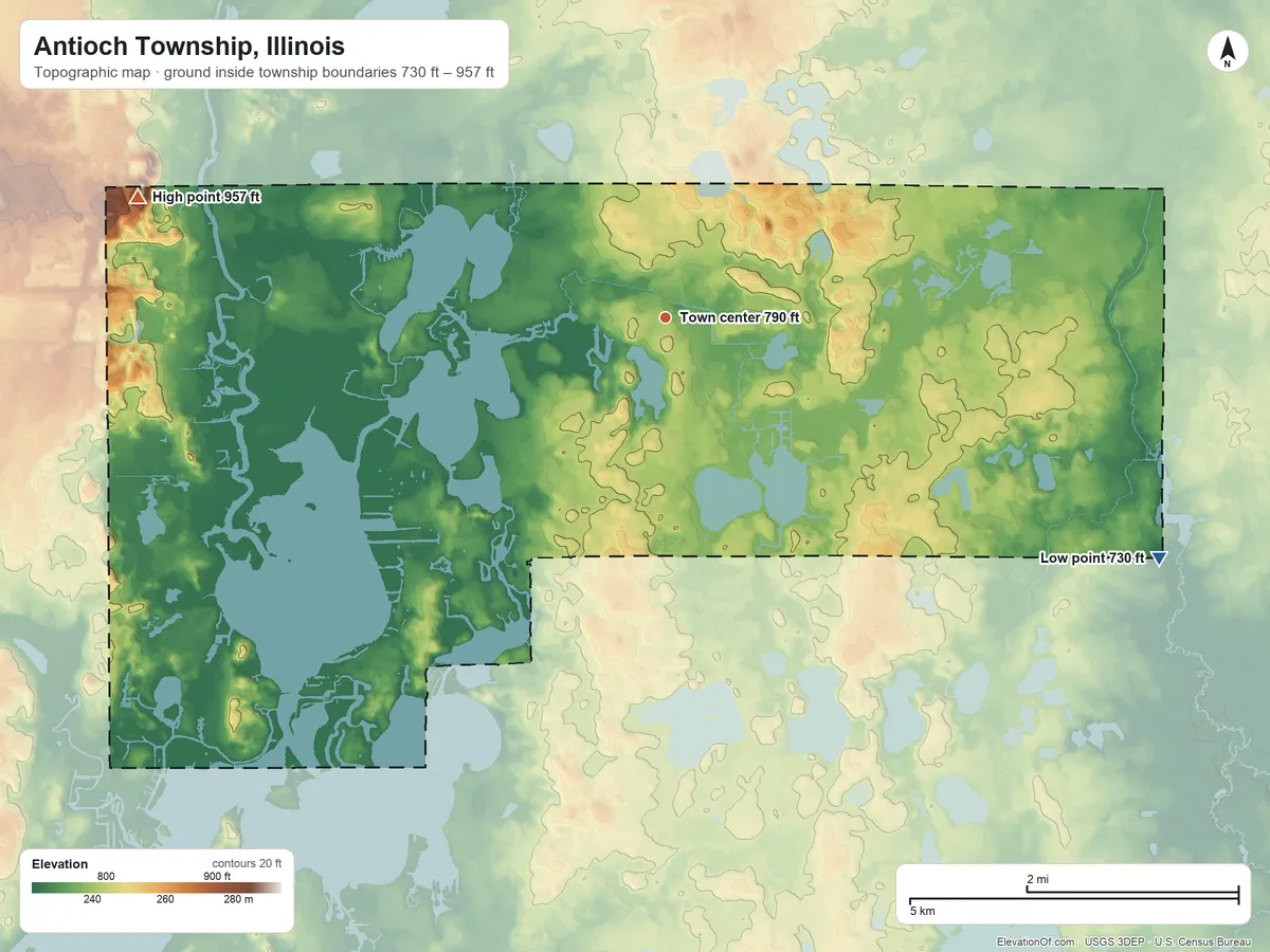 Topographic elevation map of Antioch Township, Illinois, shaded from 730 ft on the southeast side to 957 ft on Gander Mountain