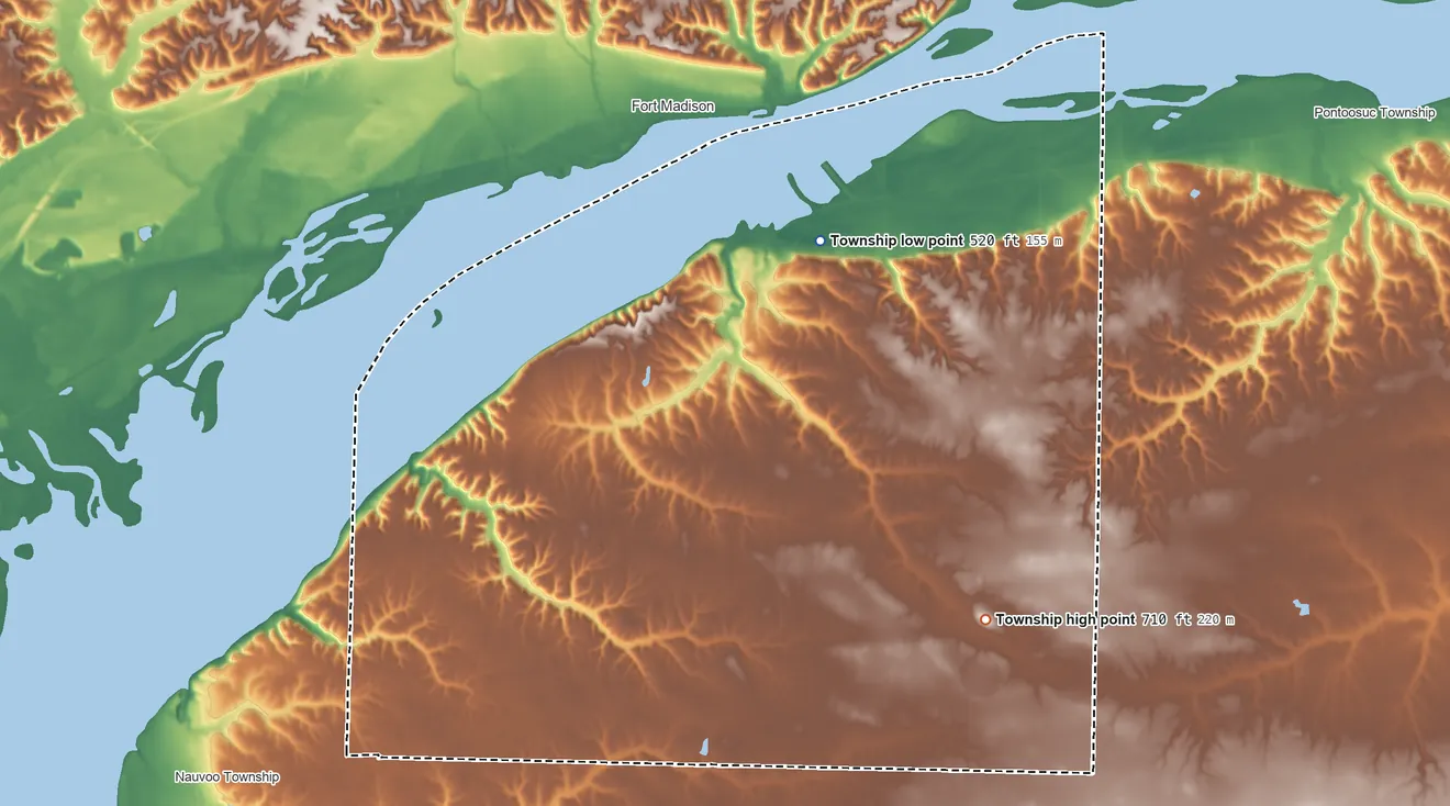 Topographic elevation map of Appanoose Township, Illinois, shaded from 520 ft on the north side to 710 ft on the southeast side