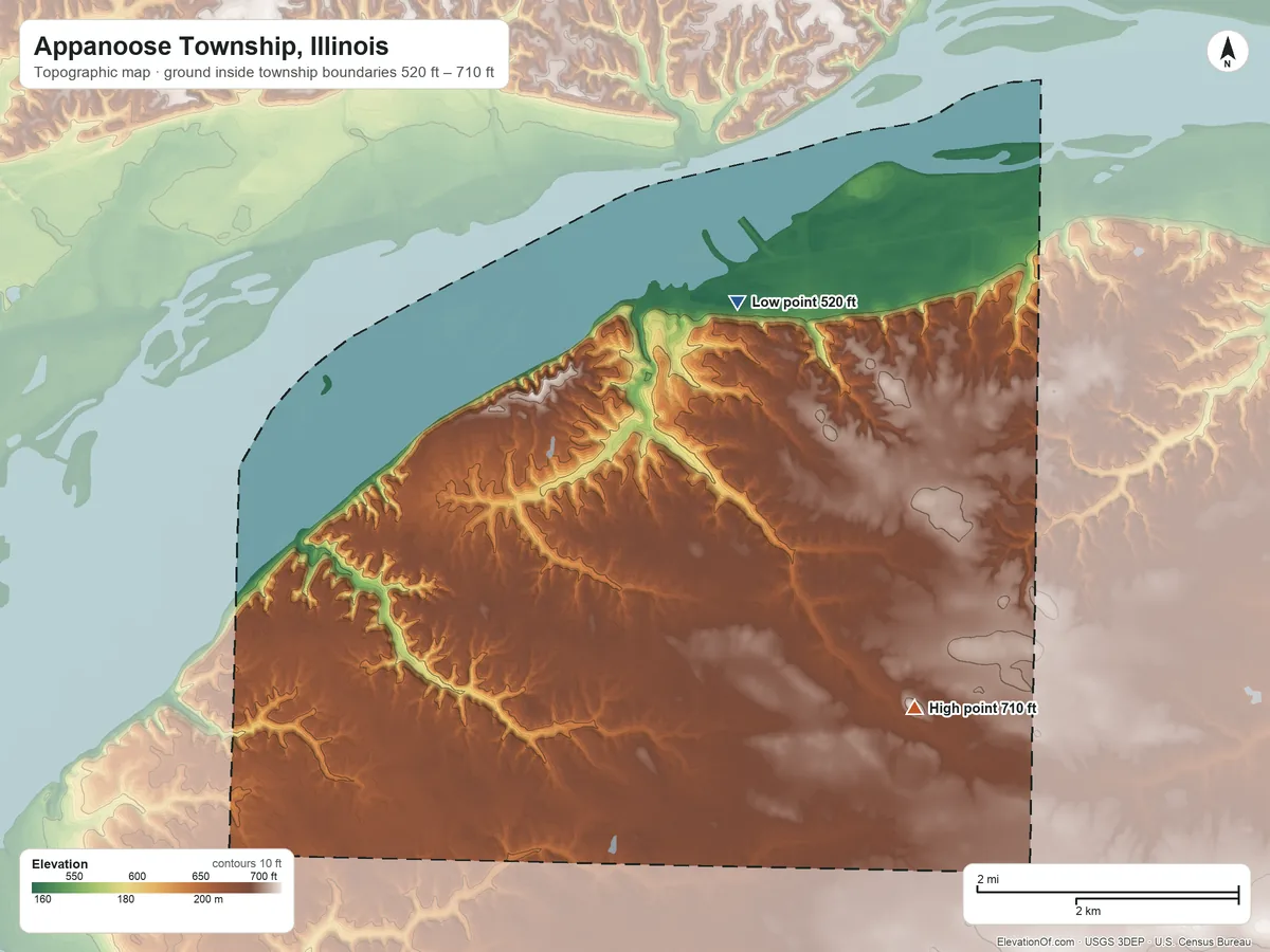 Topographic elevation map of Appanoose Township, Illinois, shaded from 520 ft on the north side to 710 ft on the southeast side