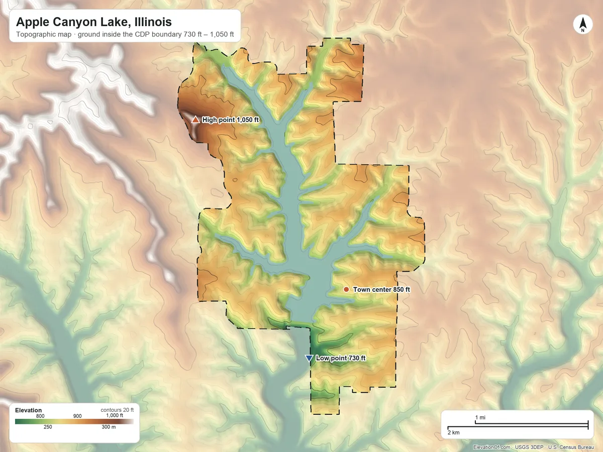 Topographic elevation map of Apple Canyon Lake, Illinois, shaded from 730 ft on the southwest side to 1,050 ft on the northwest side