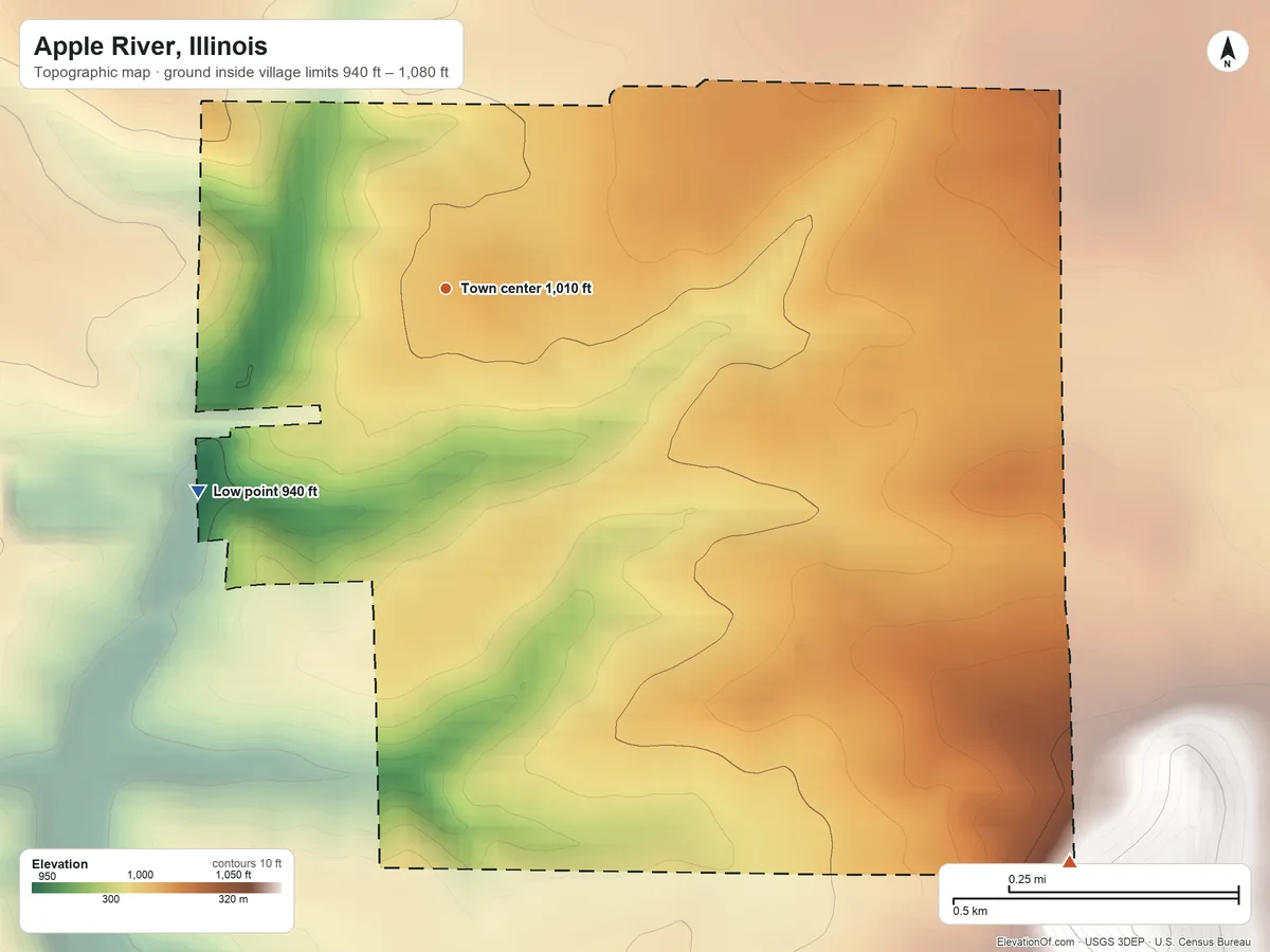 Topographic elevation map of Apple River, Illinois, shaded from 940 ft on the southwest side to 1,080 ft on the southeast side
