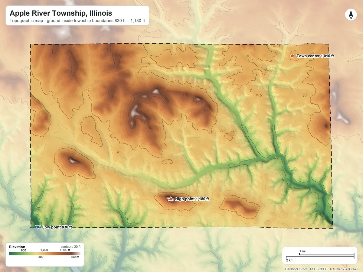 Topographic elevation map of Apple River Township, Illinois, shaded from 830 ft on the southwest side to 1,180 ft on Mound Sumner