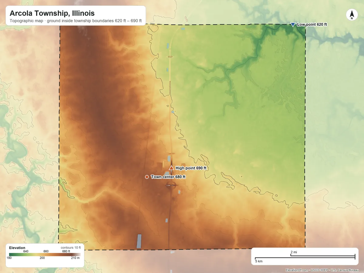Topographic elevation map of Arcola Township, Illinois, shaded from 620 ft on the northeast side to 690 ft near the middle