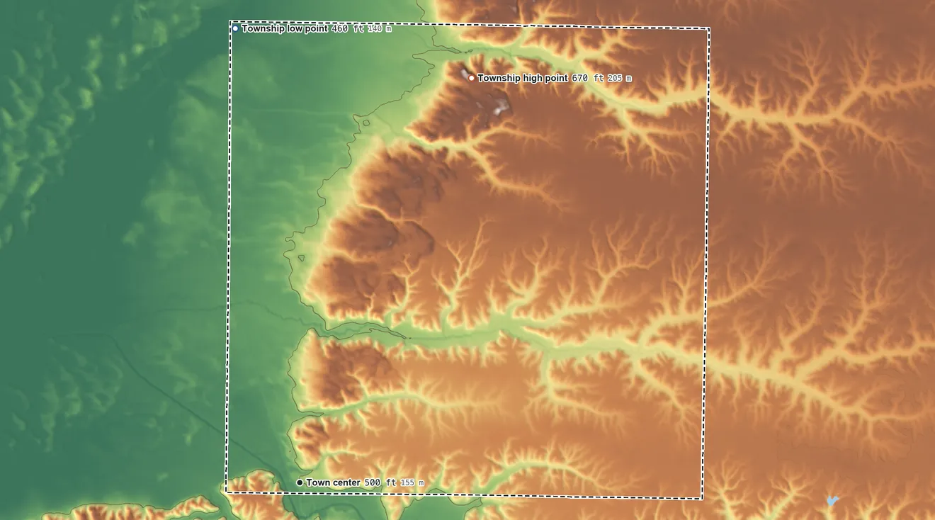 Topographic elevation map of Arenzville Township, Illinois, shaded from 460 ft on the north side to 670 ft on the northeast side