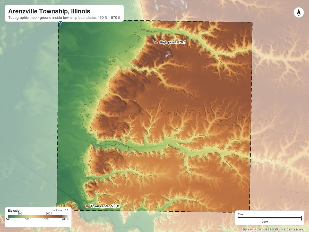 Topographic elevation map of Arenzville Township, Illinois, shaded from 460 ft on the north side to 670 ft on the northeast side