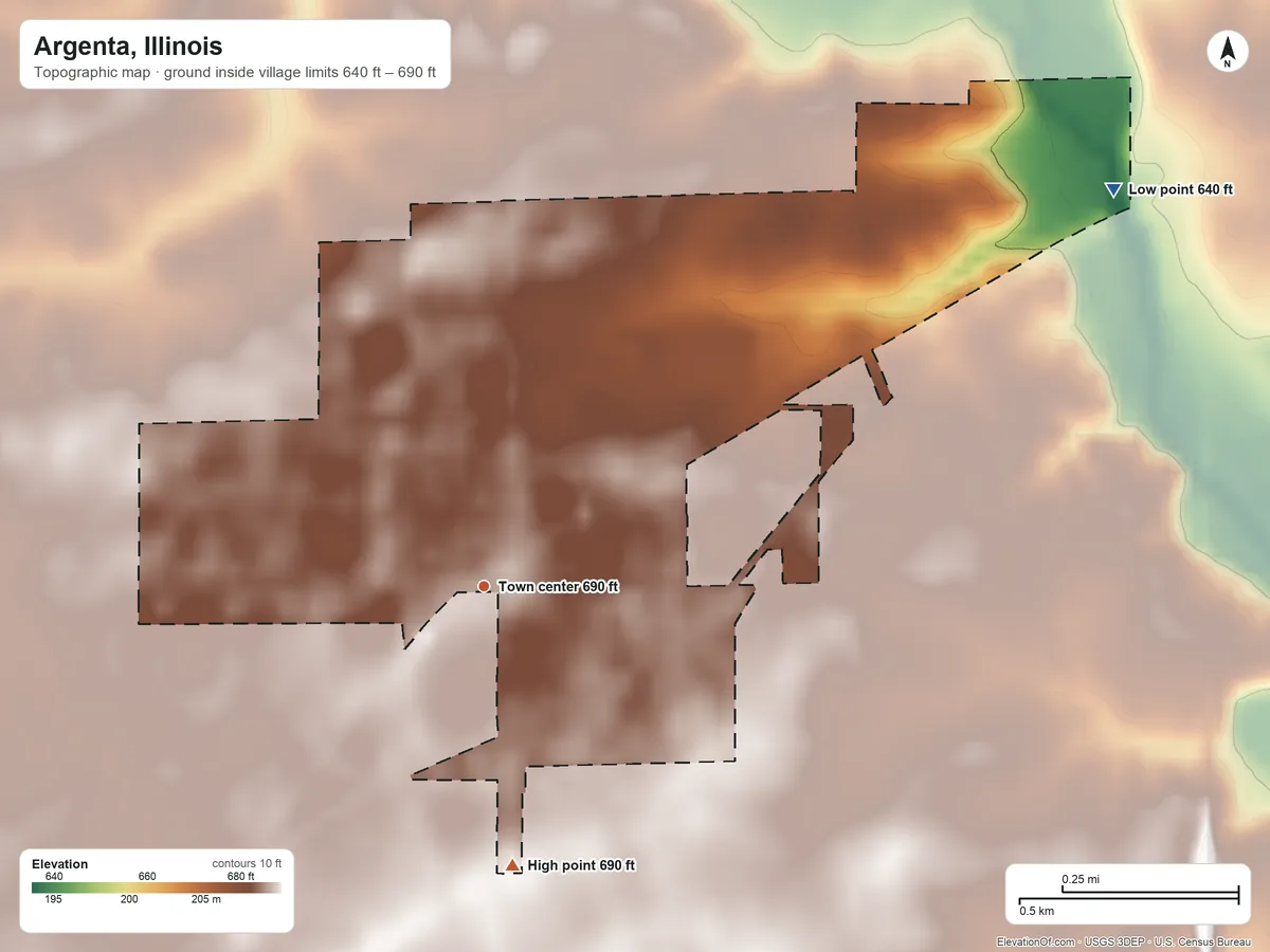 Topographic elevation map of Argenta, Illinois, shaded from 640 ft on the northeast side to 690 ft on the south side