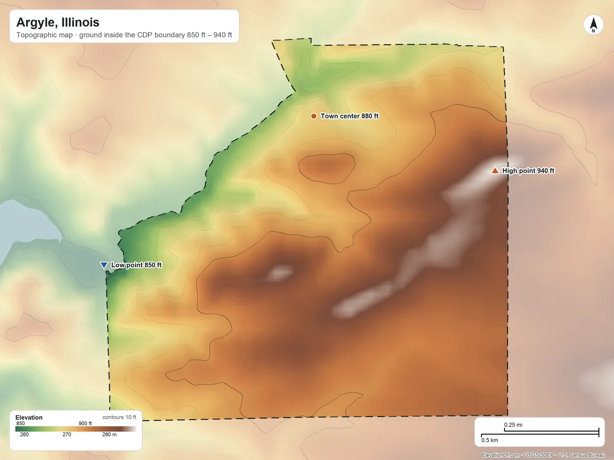 Topographic elevation map of Argyle, Illinois, shaded from 850 ft on the southwest side to 940 ft on the east side
