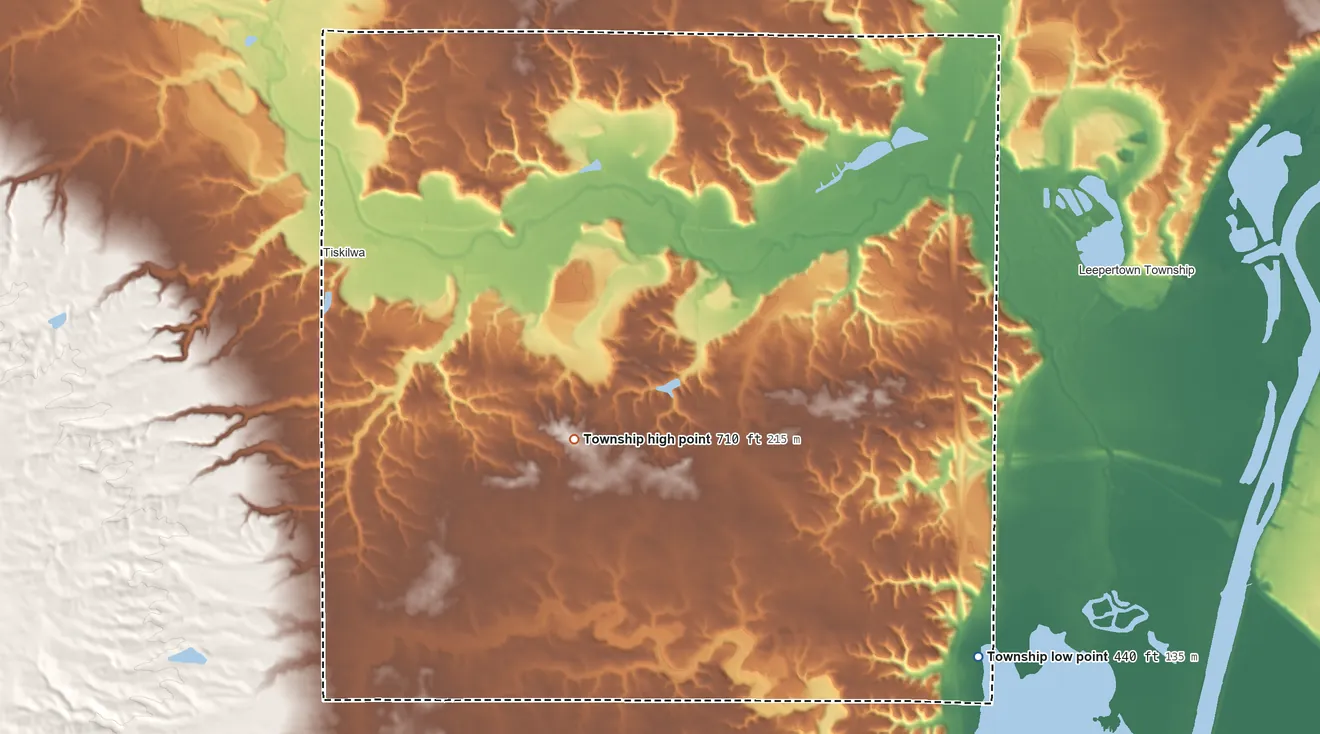Topographic elevation map of Arispie Township, Illinois, shaded from 440 ft on the southeast side to 710 ft on the southeast side