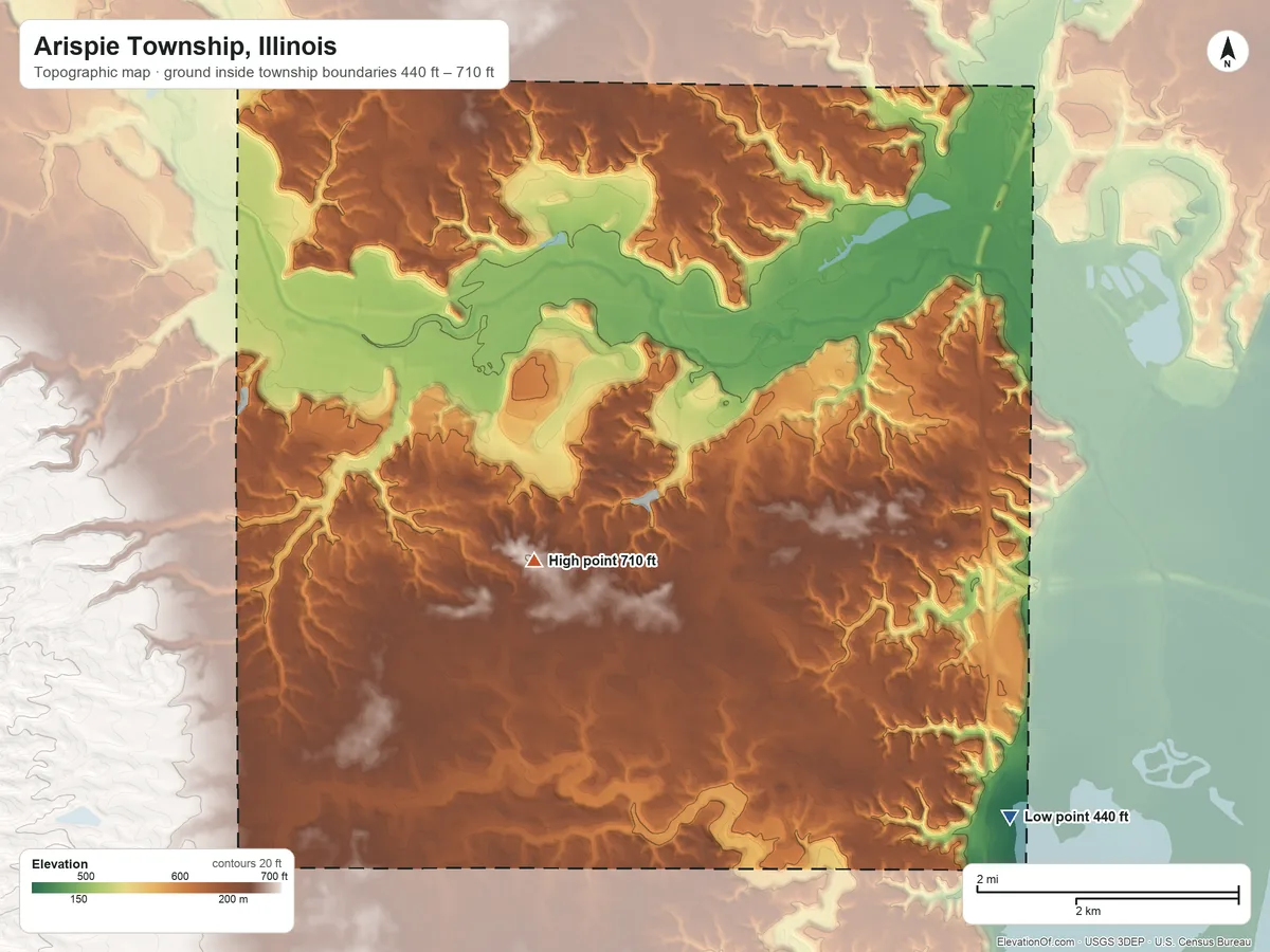 Topographic elevation map of Arispie Township, Illinois, shaded from 440 ft on the southeast side to 710 ft on the southeast side