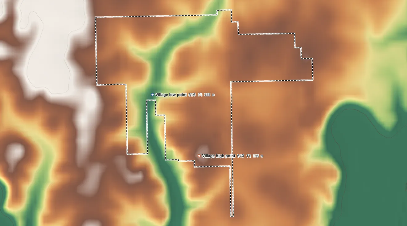 Topographic elevation map of Armington, Illinois, shaded from 610 ft on the west side to 640 ft on the south side