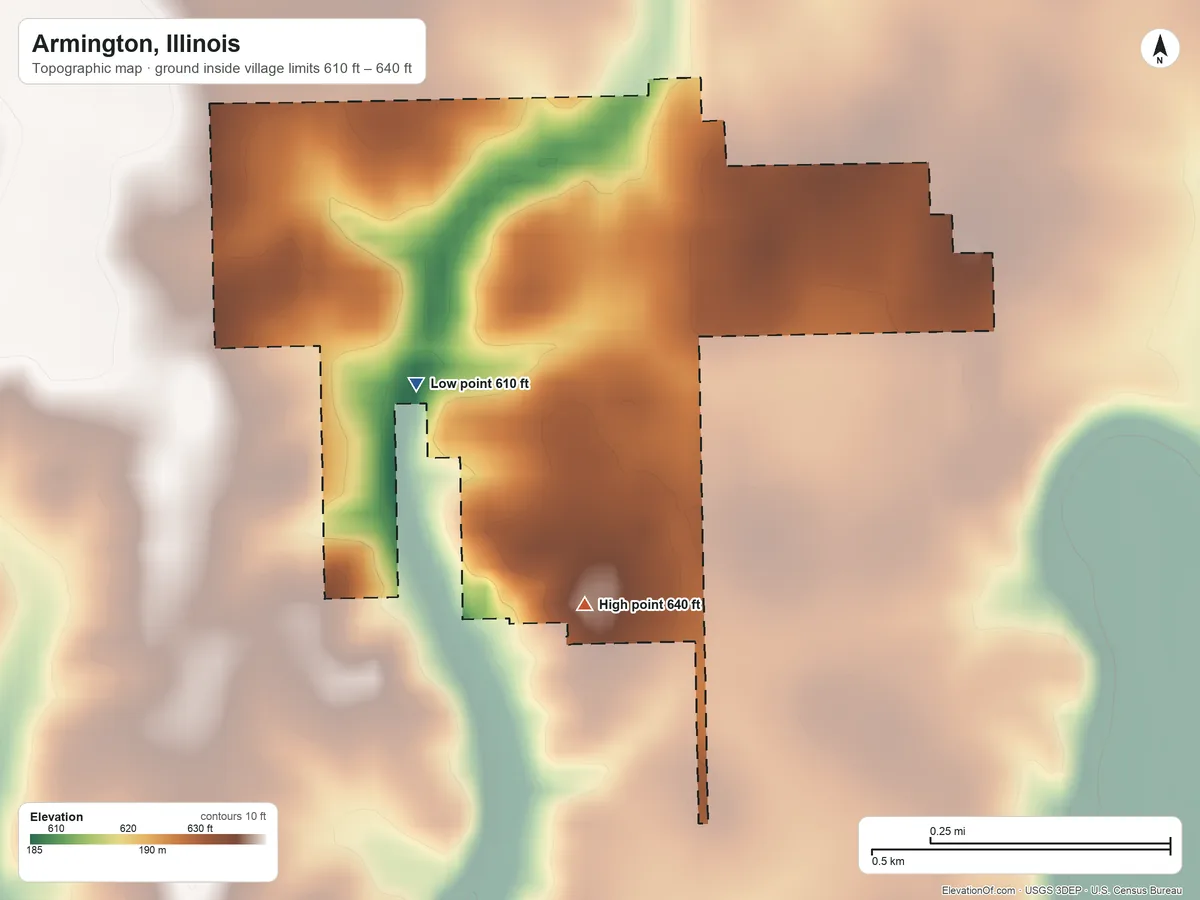 Topographic elevation map of Armington, Illinois, shaded from 610 ft on the west side to 640 ft on the south side