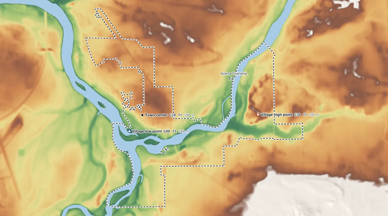 Topographic elevation map of Aroma Park, Illinois, shaded from 600 ft near the middle to 630 ft on the east side