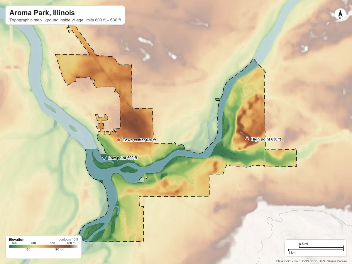 Topographic elevation map of Aroma Park, Illinois, shaded from 600 ft near the middle to 630 ft on the east side
