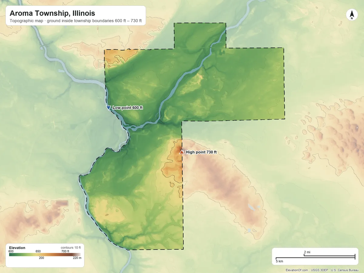Topographic elevation map of Aroma Township, Illinois, shaded from 600 ft on the west side to 730 ft on Mount Langham