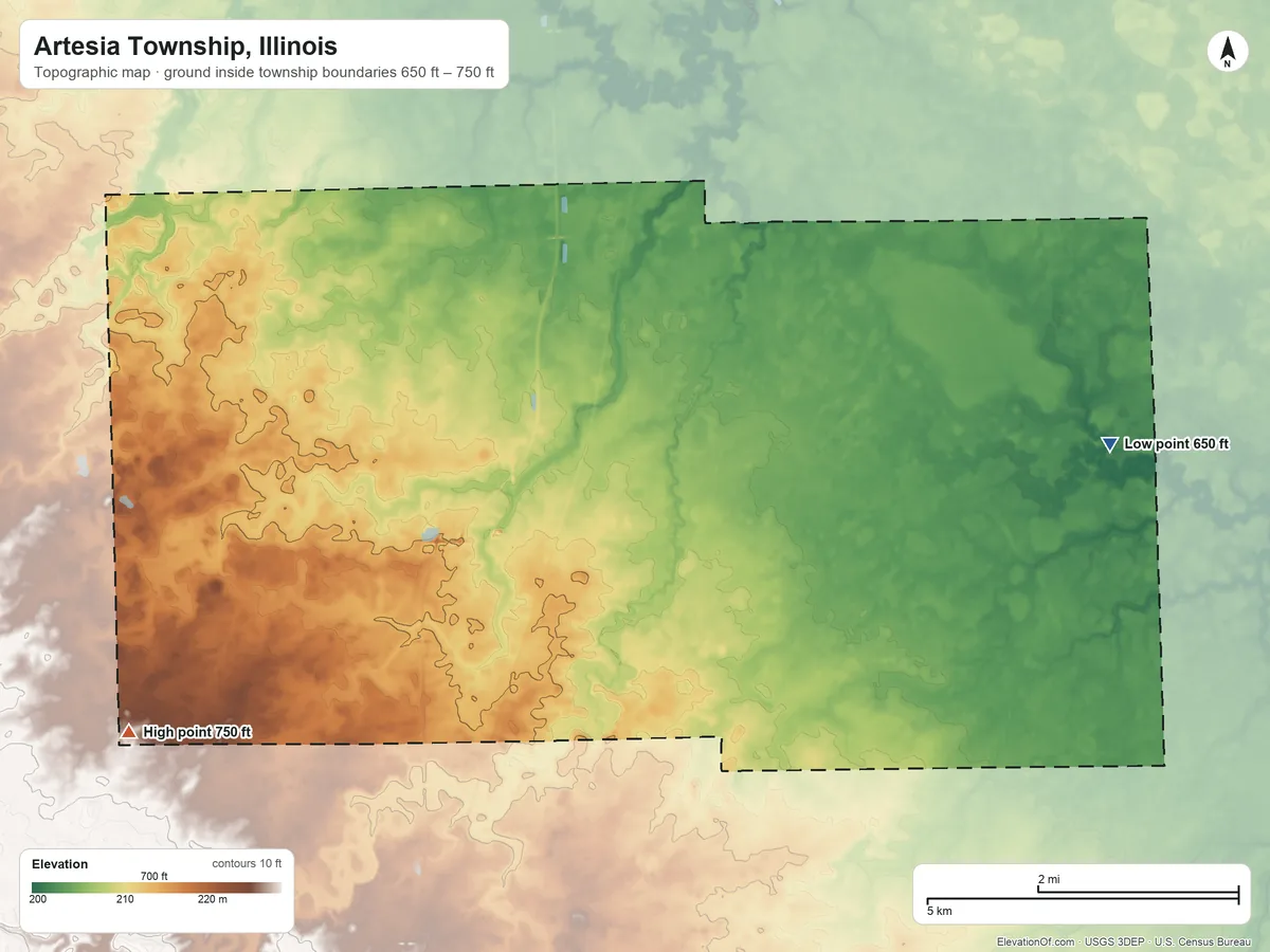 Topographic elevation map of Artesia Township, Illinois, shaded from 650 ft on the east side to 750 ft on the west side