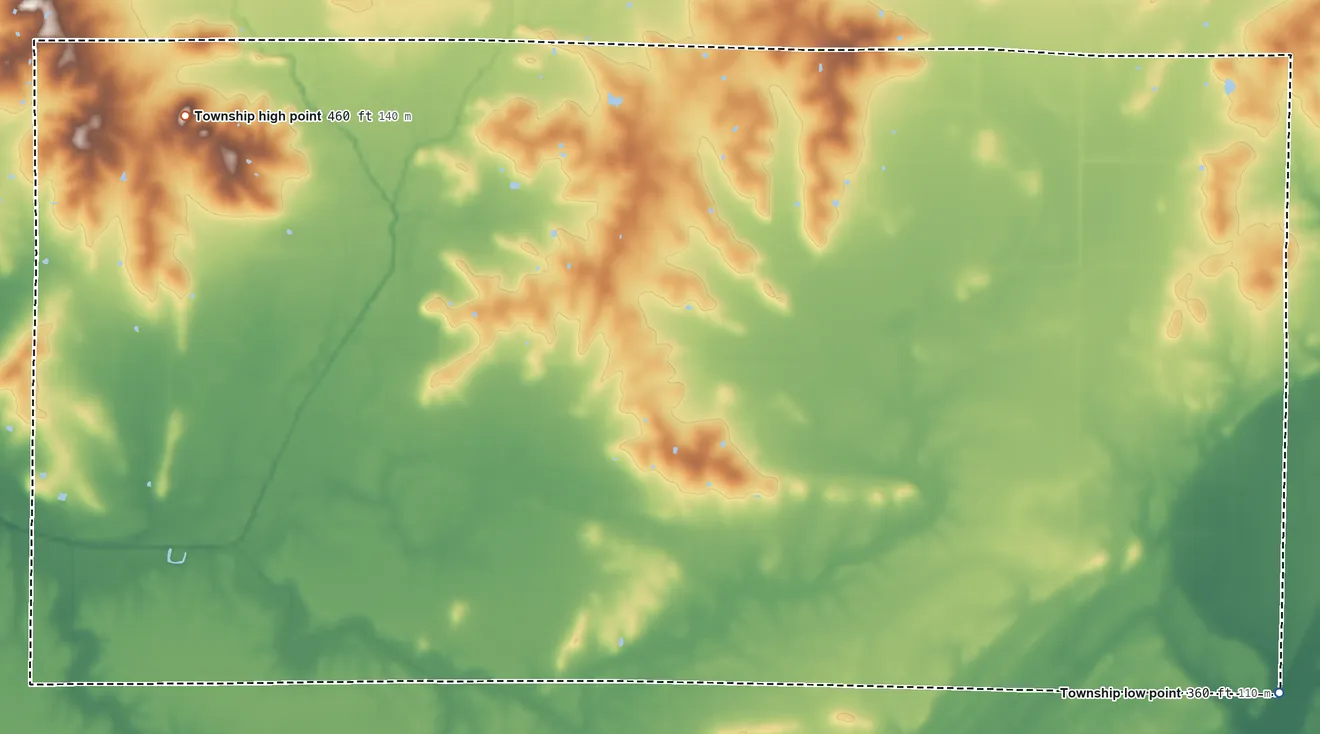 Topographic elevation map of Asbury Township, Illinois, shaded from 360 ft on the southeast side to 460 ft on the northwest side