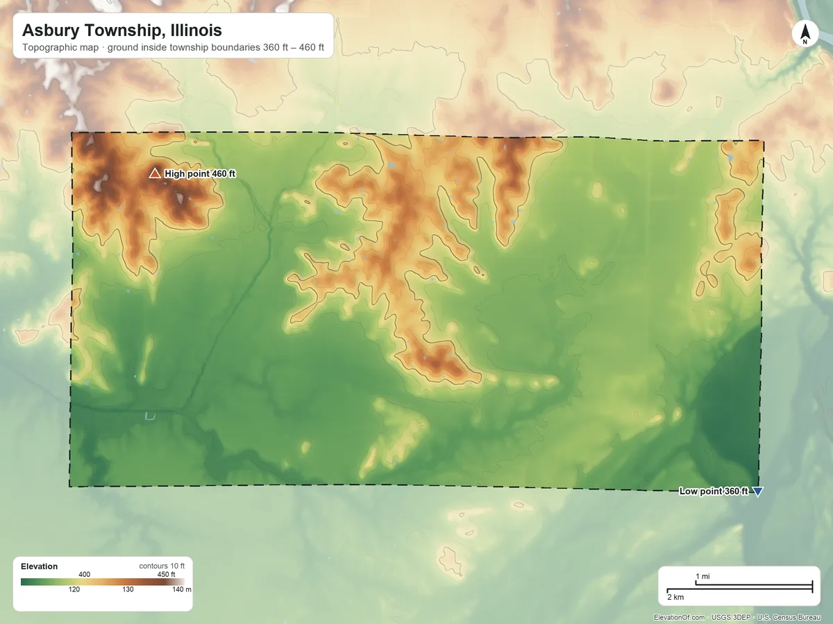 Topographic elevation map of Asbury Township, Illinois, shaded from 360 ft on the southeast side to 460 ft on the northwest side