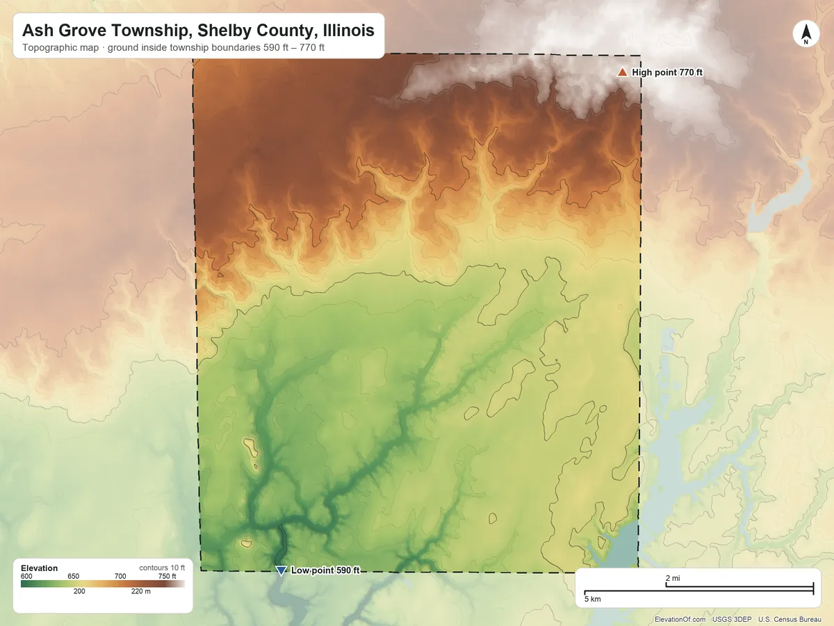 Topographic elevation map of Ash Grove Township, Shelby County, Illinois, shaded from 590 ft on the southwest side to 770 ft on the northeast side