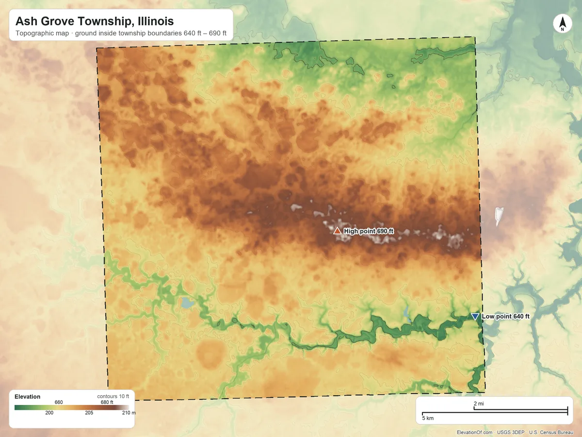 Topographic elevation map of Ash Grove Township, Illinois, shaded from 640 ft on the east side to 690 ft on the east side