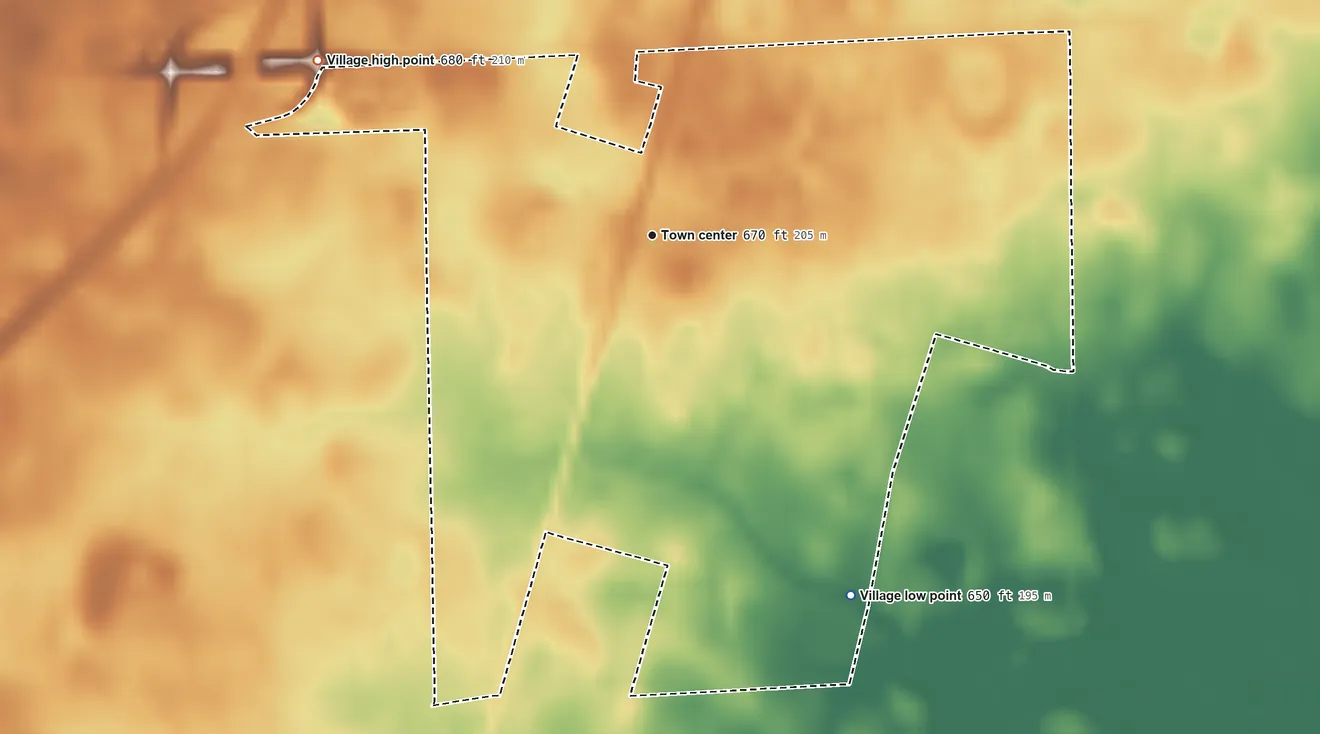 Topographic elevation map of Ashkum, Illinois, shaded from 650 ft on the southeast side to 680 ft on the northwest side