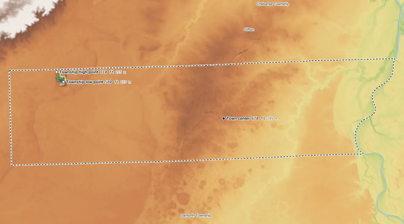 Topographic elevation map of Ashkum Township, Illinois, shaded from 580 ft on the west side to 710 ft on the west side