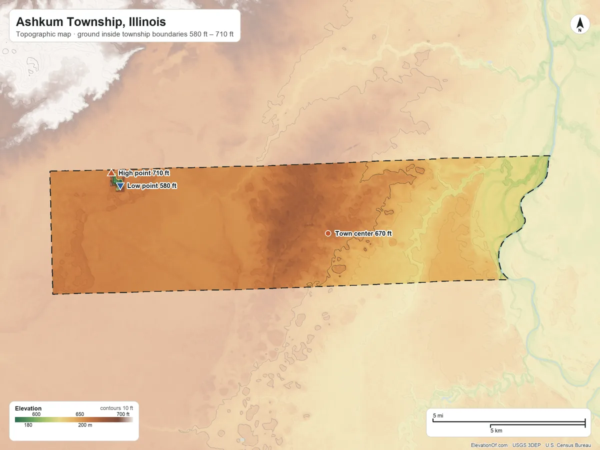 Topographic elevation map of Ashkum Township, Illinois, shaded from 580 ft on the west side to 710 ft on the west side