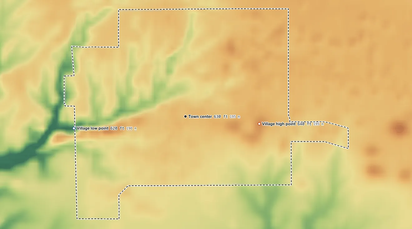 Topographic elevation map of Ashland, Illinois, shaded from 620 ft on the west side to 640 ft on the east side