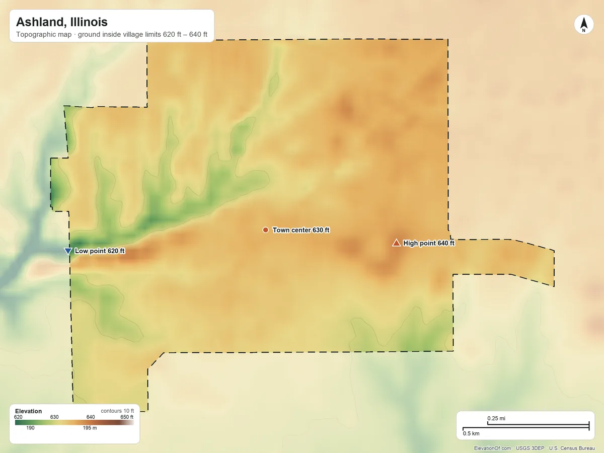 Topographic elevation map of Ashland, Illinois, shaded from 620 ft on the west side to 640 ft on the east side