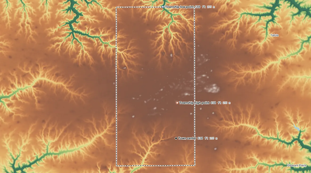 Topographic elevation map of Ashland Township, Illinois, shaded from 580 ft on the north side to 650 ft on the north side