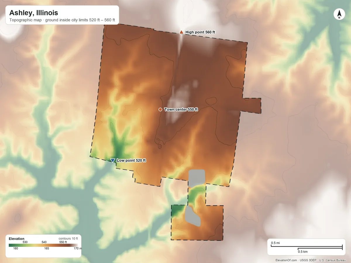 Topographic elevation map of Ashley, Illinois, shaded from 520 ft on the southwest side to 560 ft on the north side