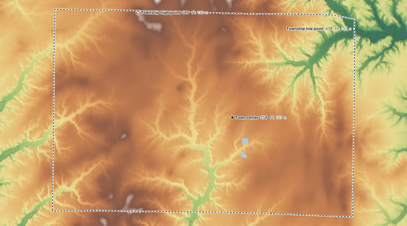 Topographic elevation map of Ashley Township, Illinois, shaded from 470 ft on the northeast side to 600 ft on the northwest side