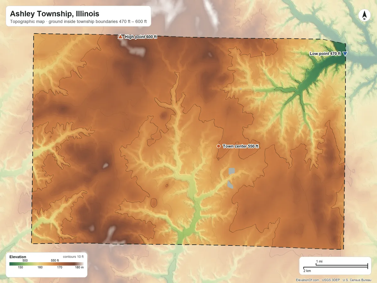 Topographic elevation map of Ashley Township, Illinois, shaded from 470 ft on the northeast side to 600 ft on the northwest side