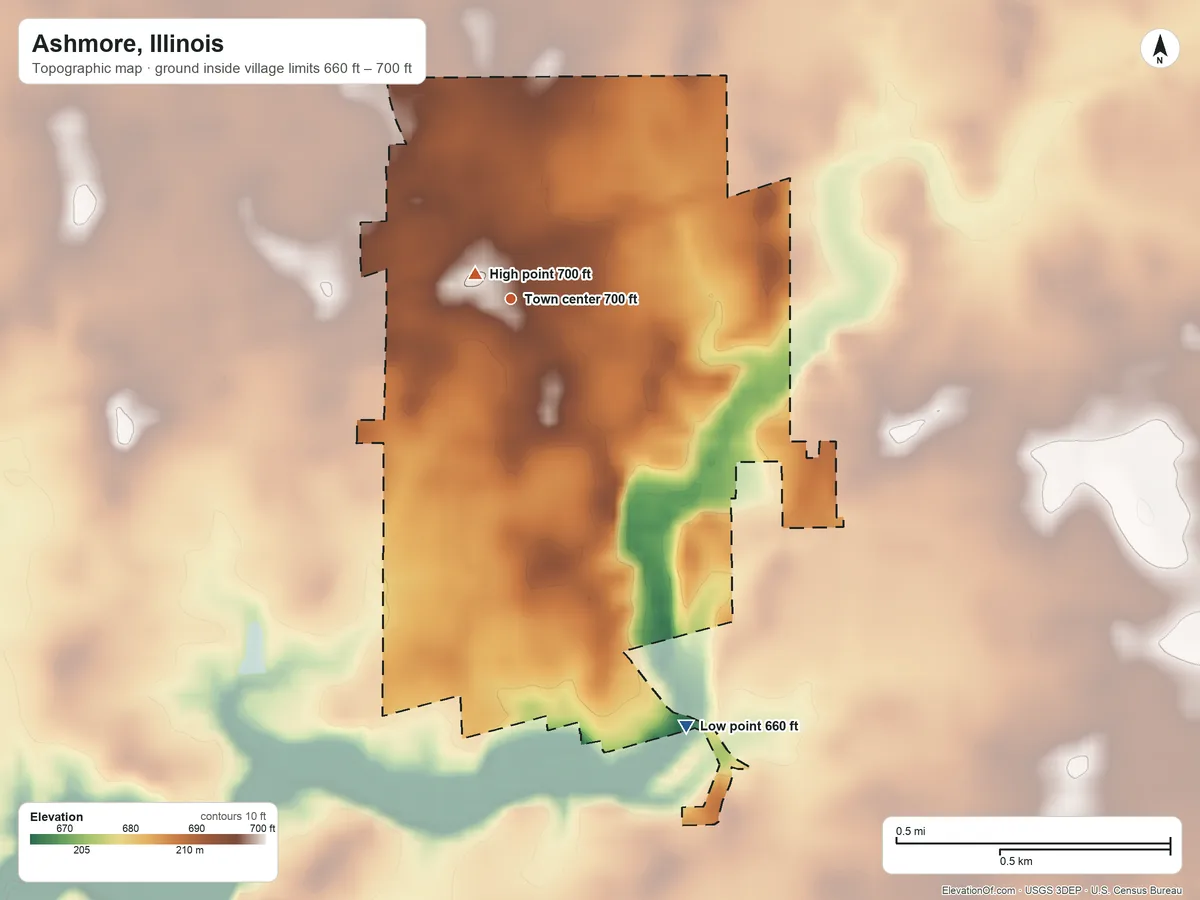 Topographic elevation map of Ashmore, Illinois, shaded from 660 ft on the south side to 700 ft near the middle