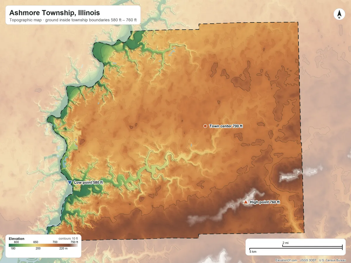 Topographic elevation map of Ashmore Township, Illinois, shaded from 580 ft on the southwest side to 760 ft on the southeast side
