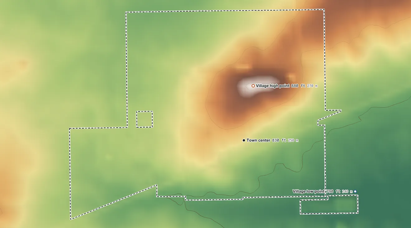 Topographic elevation map of Ashton, Illinois, shaded from 790 ft on the southeast side to 880 ft on the north side